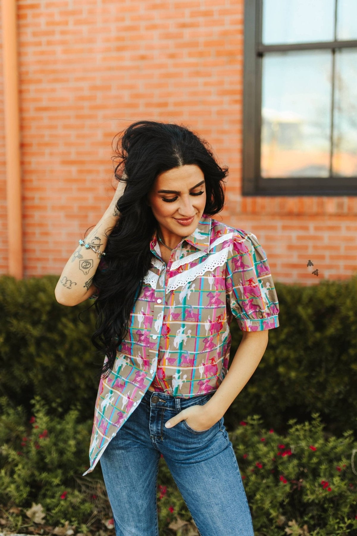 2 Fly Co "Plaid Posse" Western Top — Multi-Color Plaid with Lace Detail