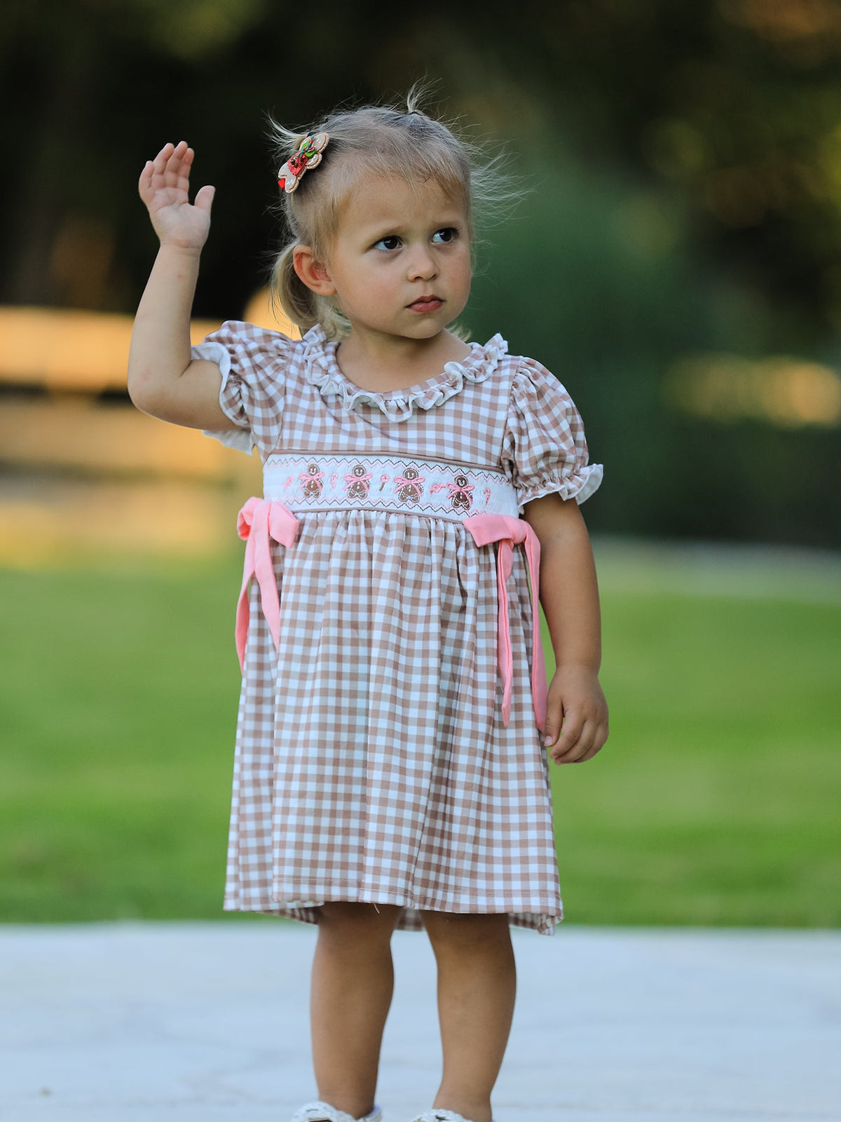 Girls' Christmas Plaid Dress | Gingerbread & Bow Embroidery