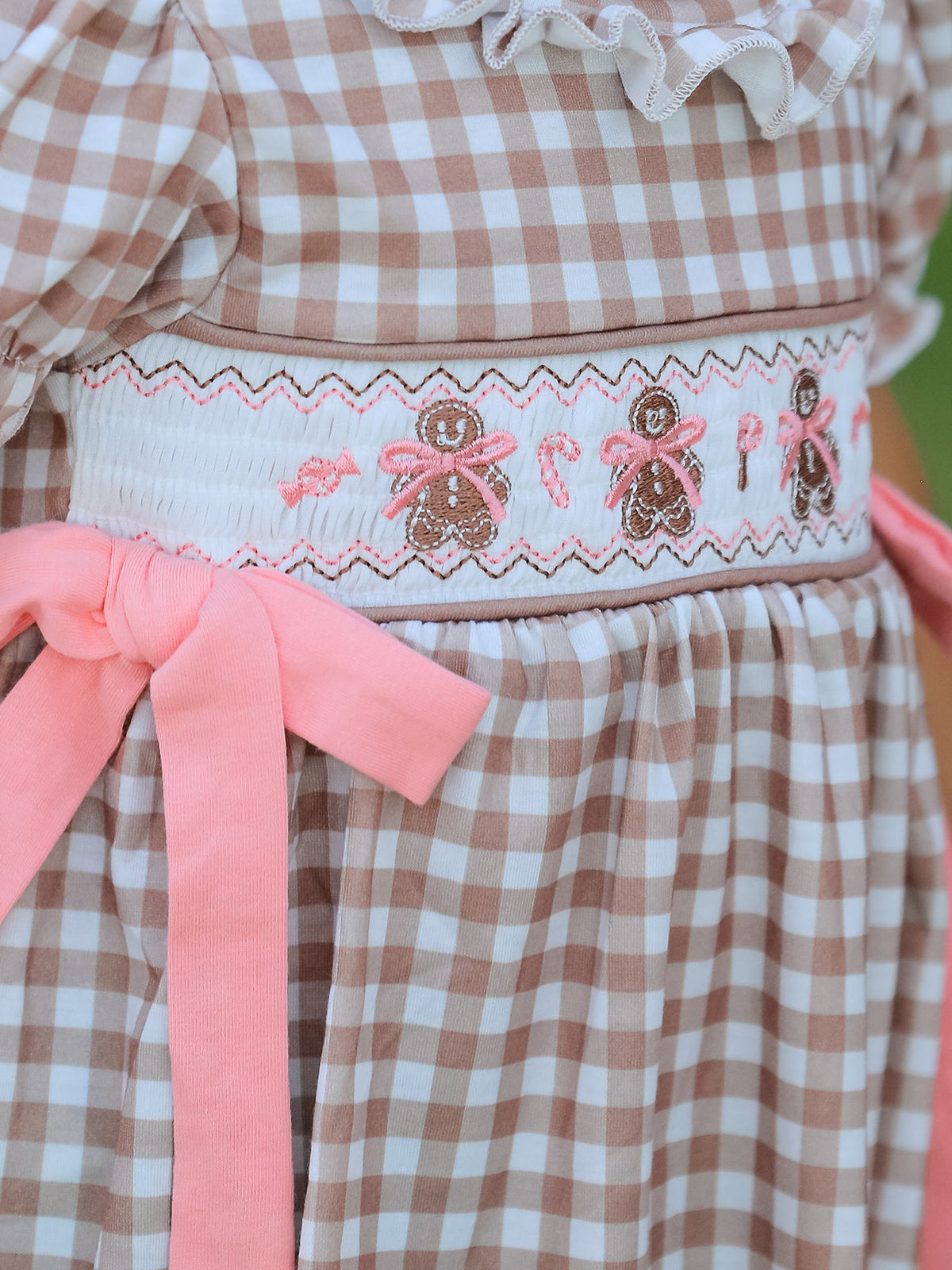 Girls' Christmas Plaid Dress | Gingerbread & Bow Embroidery