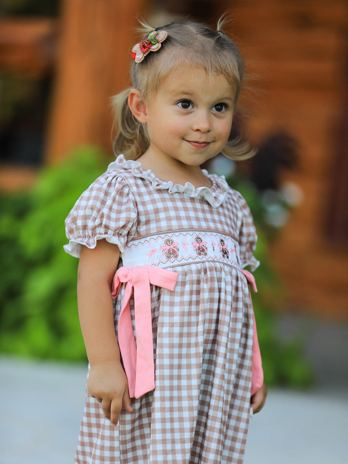 Girls' Christmas Plaid Dress | Gingerbread & Bow Embroidery