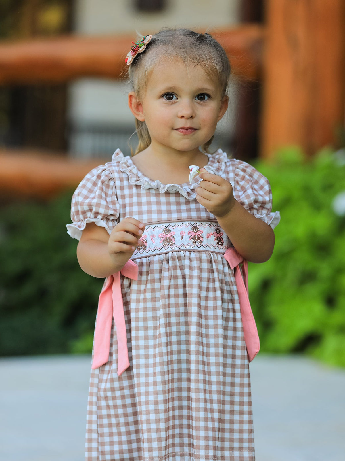 Girls' Christmas Plaid Dress | Gingerbread & Bow Embroidery