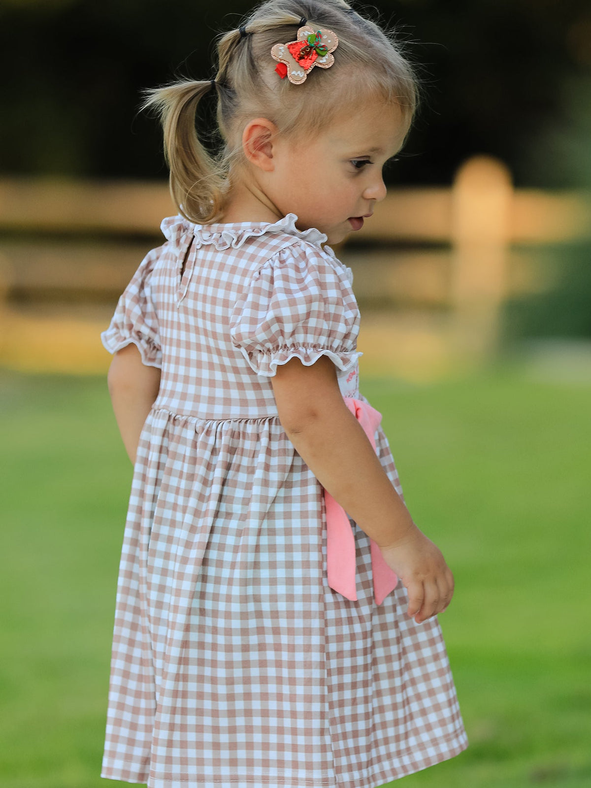 Girls' Christmas Plaid Dress | Gingerbread & Bow Embroidery