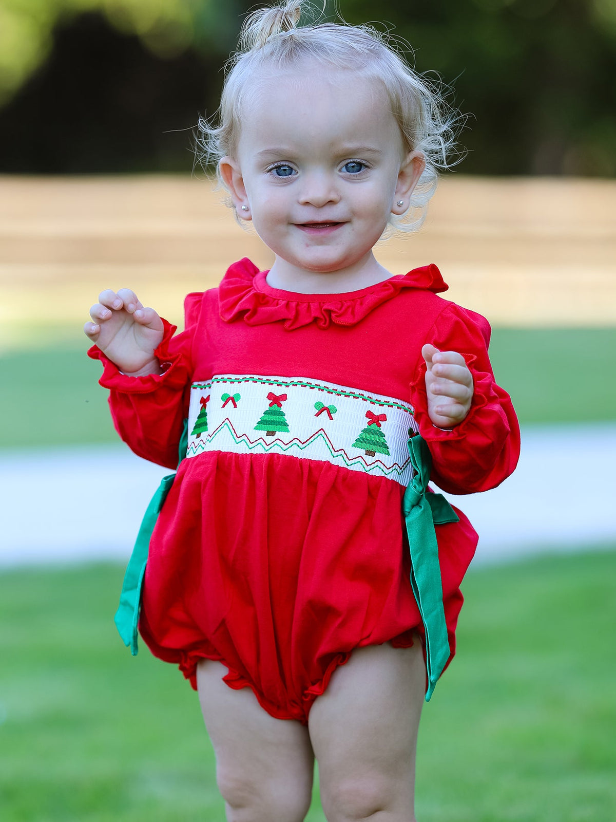 Baby Girls Christmas Tree Smocked Romper with Green Bows