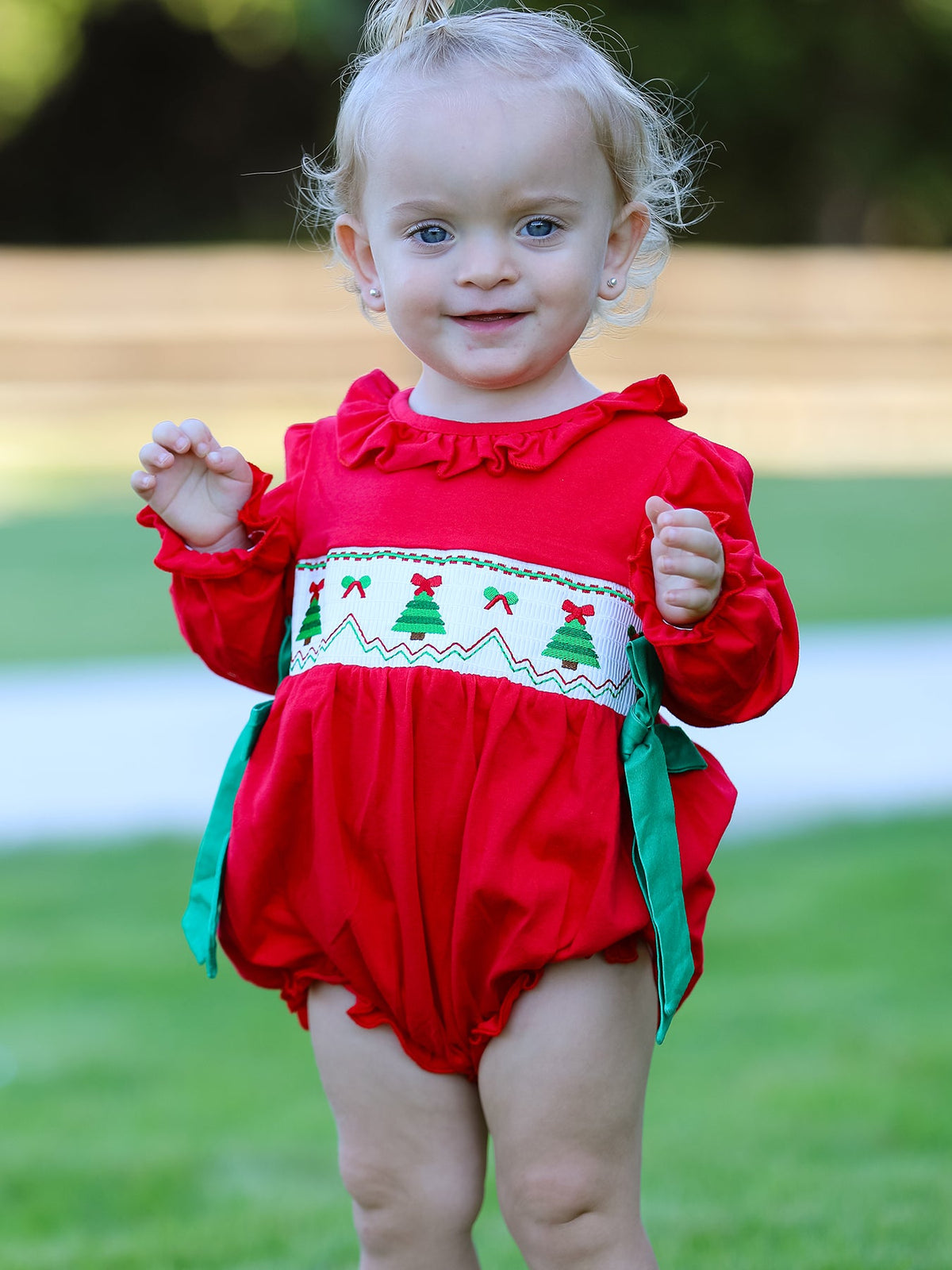 Baby Girls Christmas Tree Smocked Romper with Green Bows