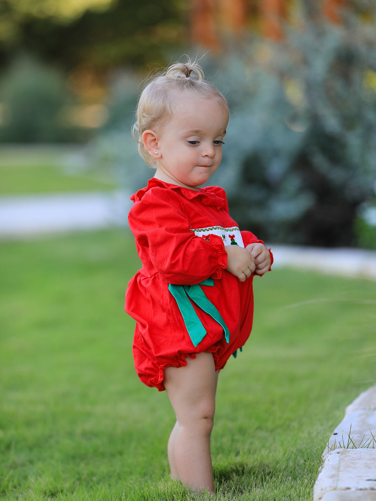 Baby Girls Christmas Tree Smocked Romper with Green Bows