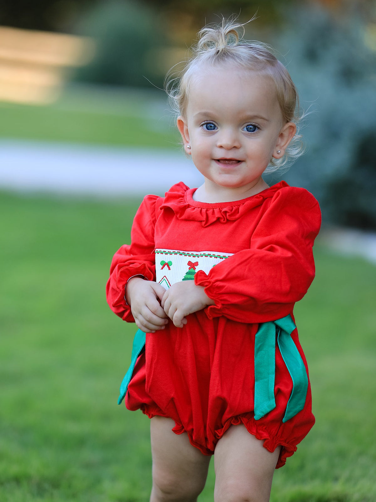 Baby Girls Christmas Tree Smocked Romper with Green Bows