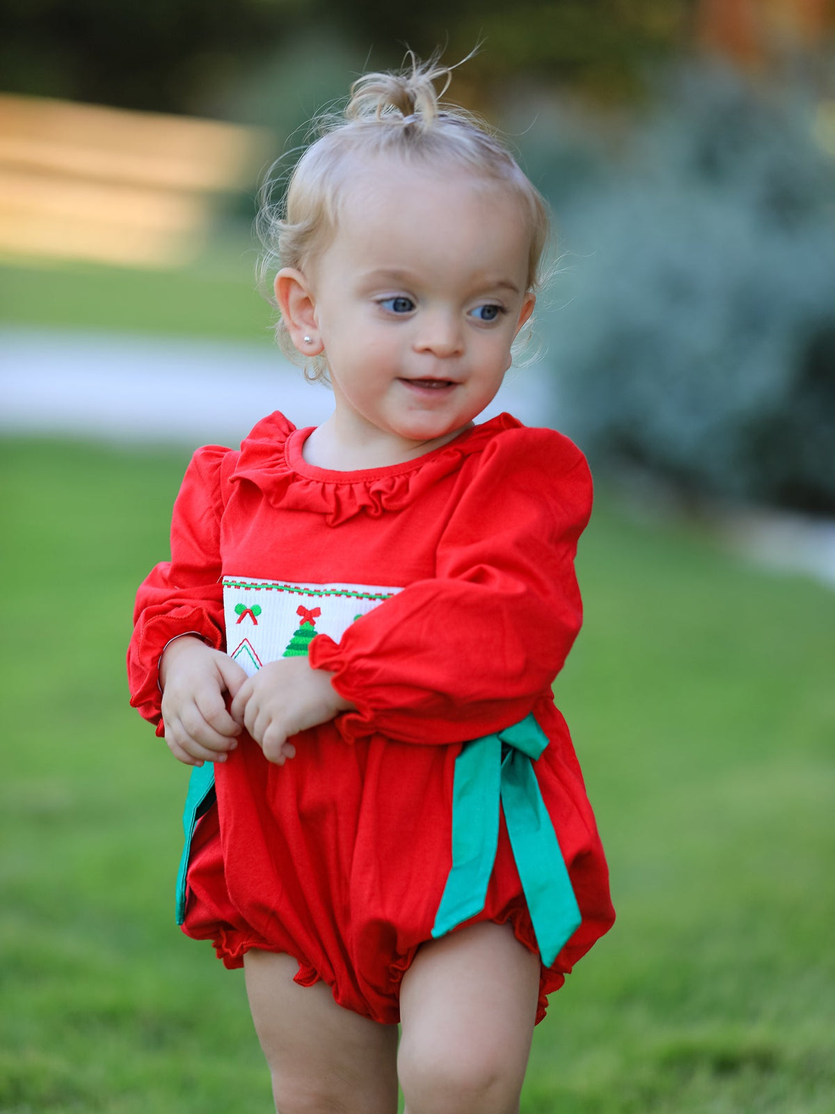 Baby Girls Christmas Tree Smocked Romper with Green Bows