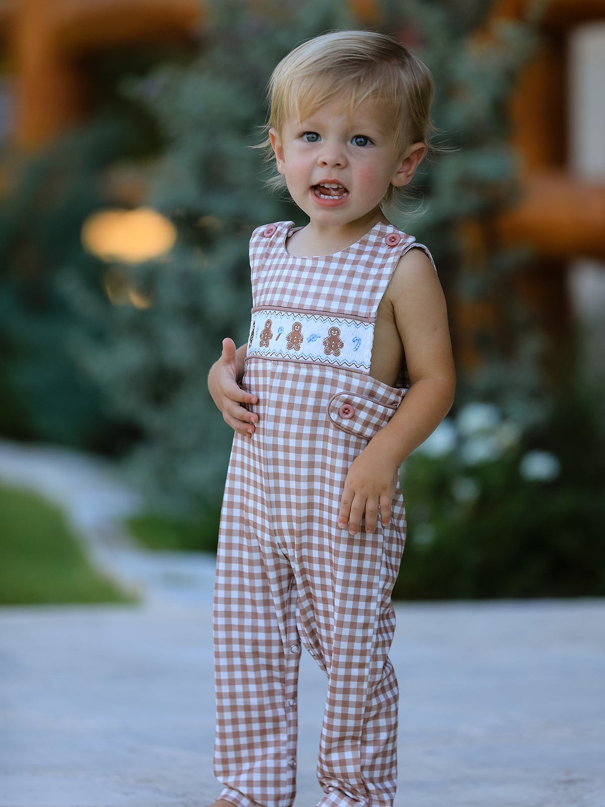 Baby Boys' Christmas Plaid Gingerbread Embroidered Romper
