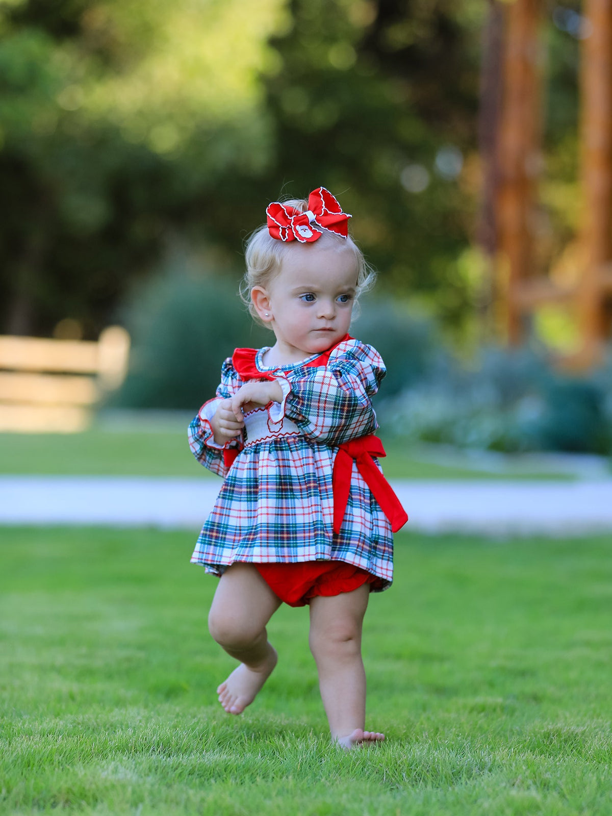 Baby Girls’ Christmas Plaid Smocked Top & Bloomers Set