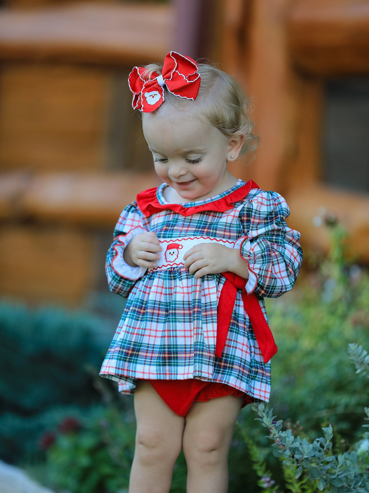 Baby Girls’ Christmas Plaid Smocked Top & Bloomers Set