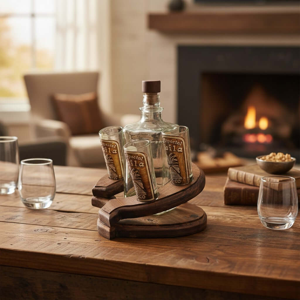 Mexican Hand-Blown Glass Decanter & 4 Shot Glasses – Horseshoe Stand