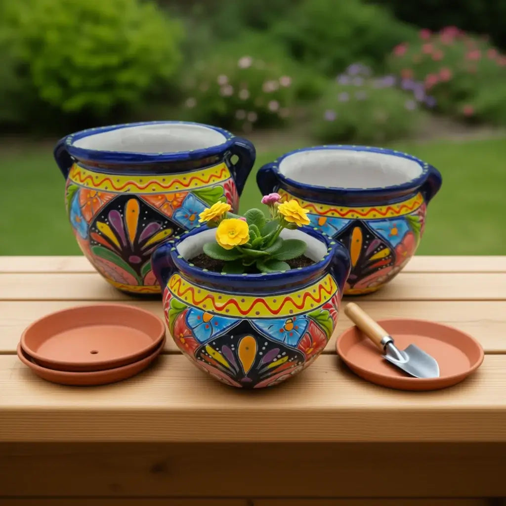 Talavera Cobalt Rim Planter Trio