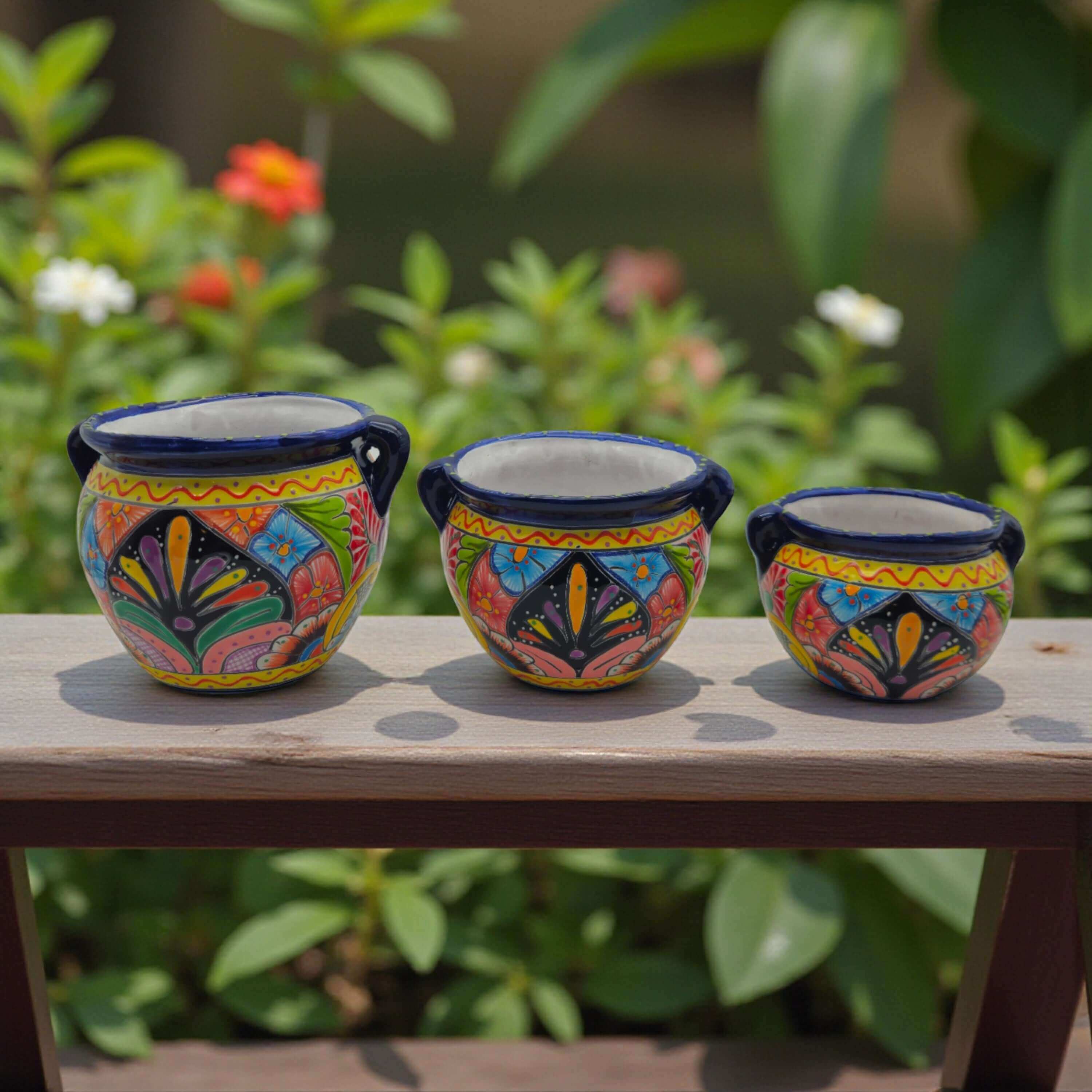 Talavera Cobalt Rim Planter Trio