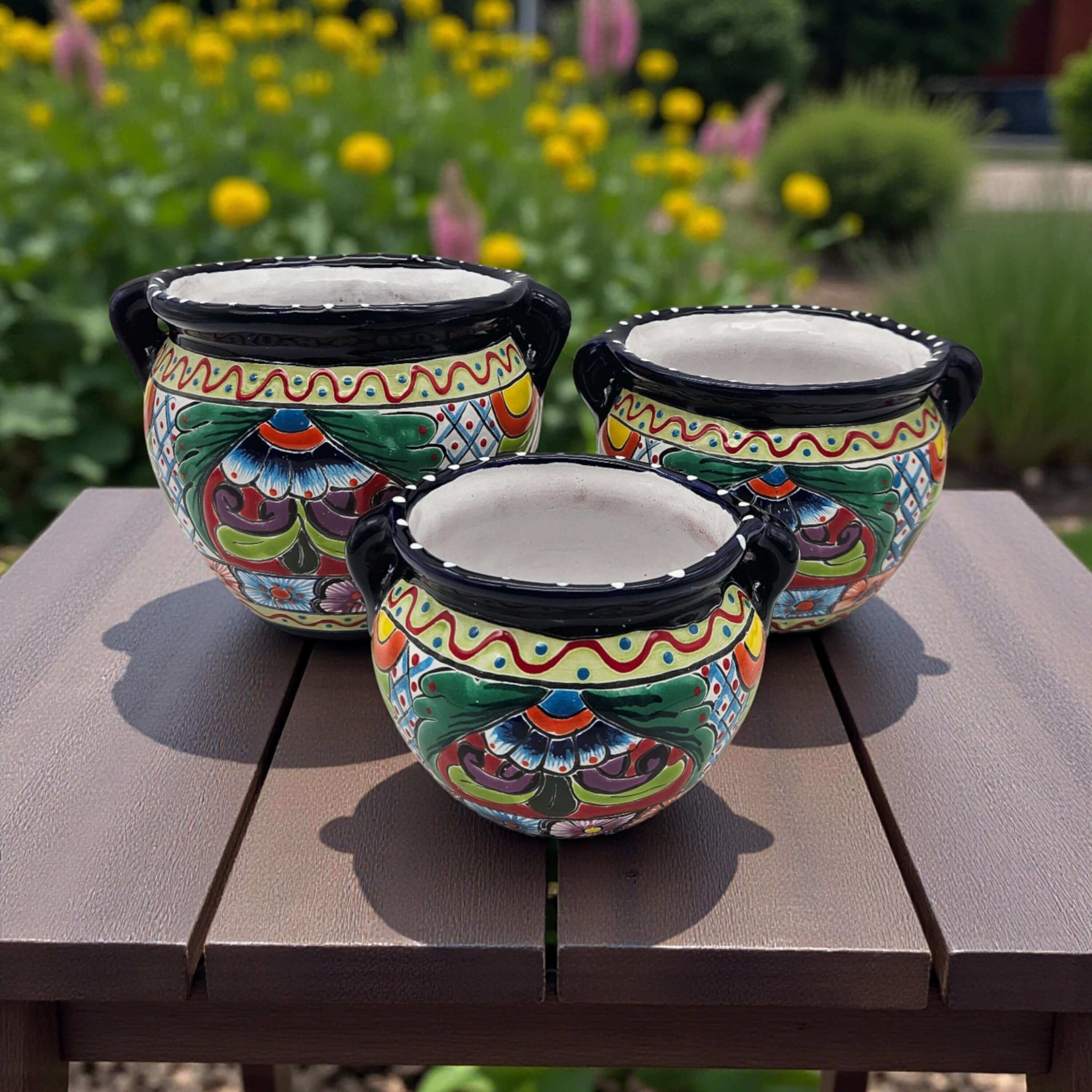 Talavera Cobalt Rim Planter Trio