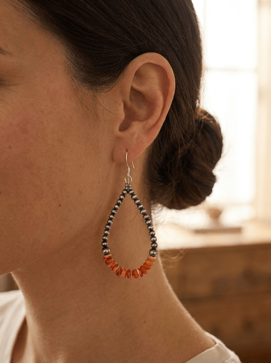 Sterling Pearl & Orange Spiny Oyster Teardrop Earrings