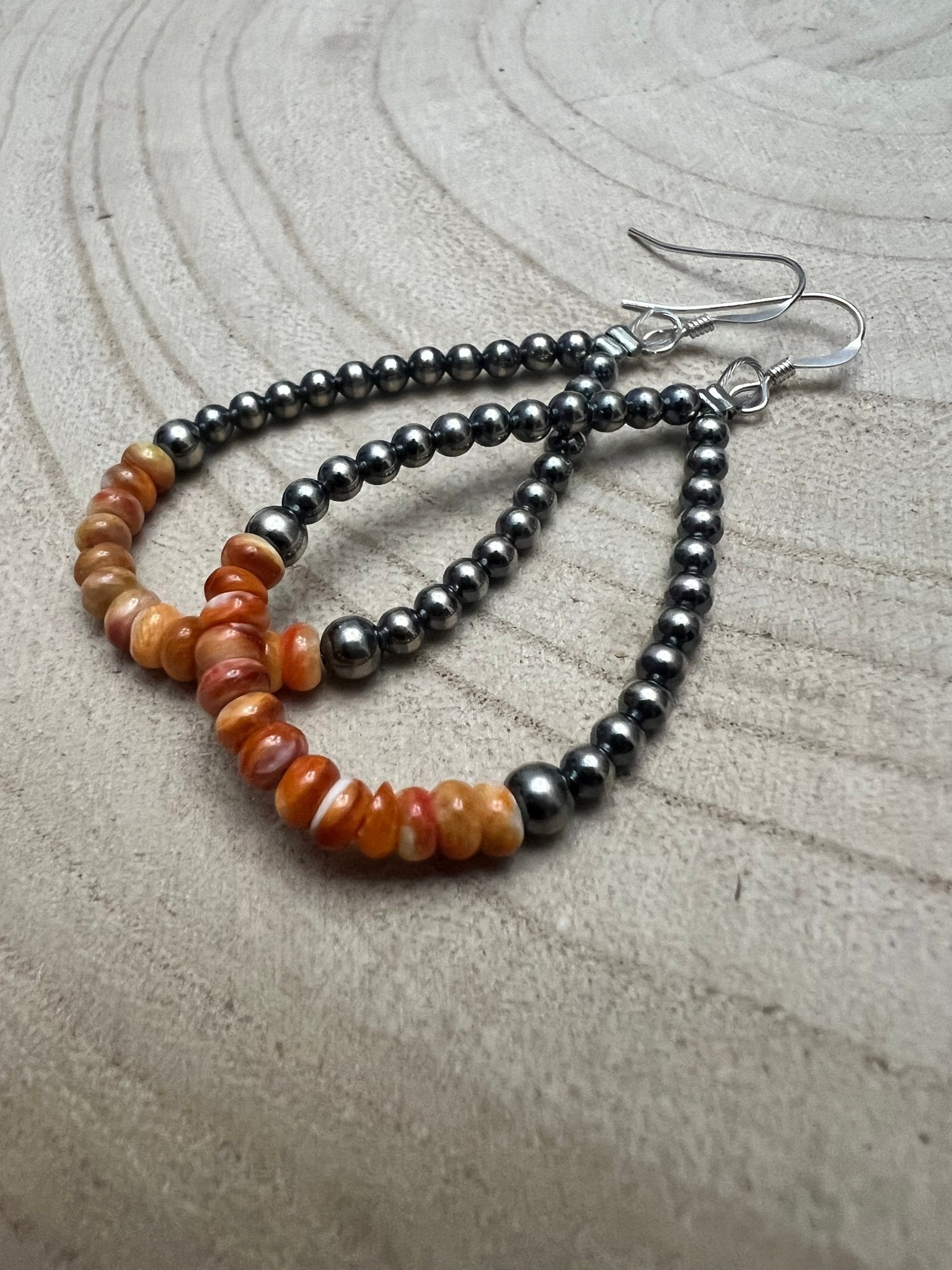 Sterling Pearl & Orange Spiny Oyster Teardrop Earrings
