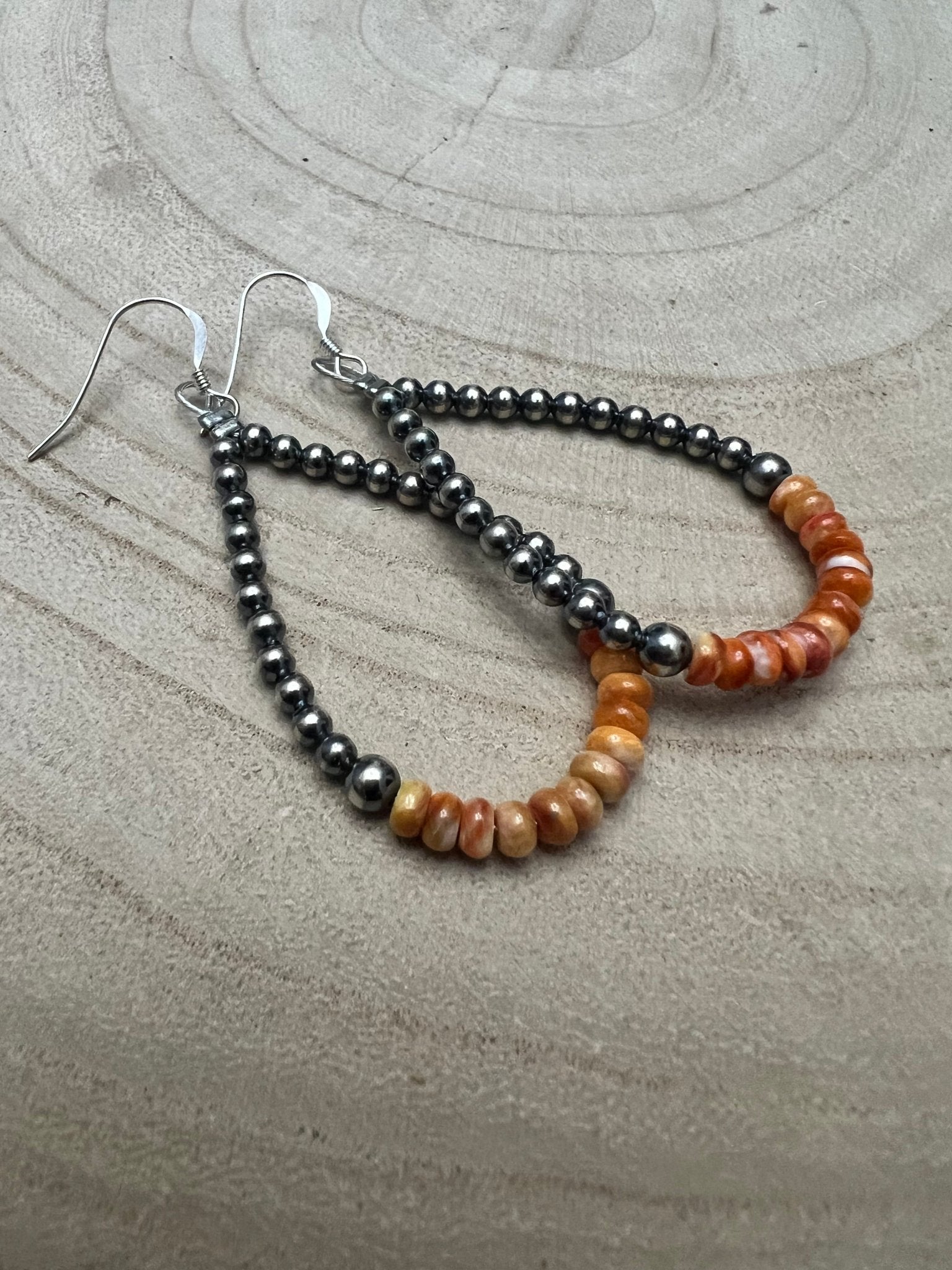 Sterling Pearl & Orange Spiny Oyster Teardrop Earrings
