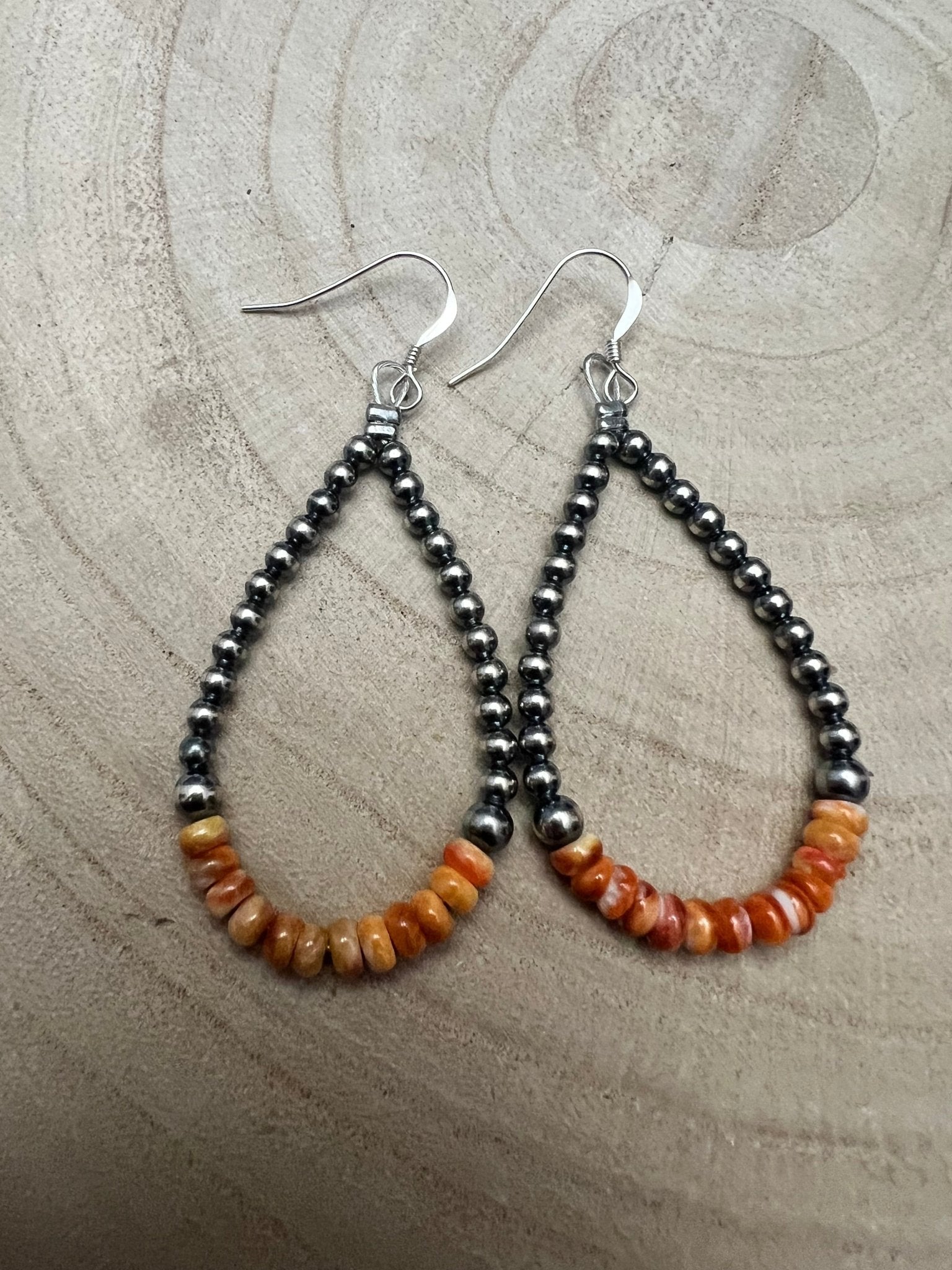 Sterling Pearl & Orange Spiny Oyster Teardrop Earrings