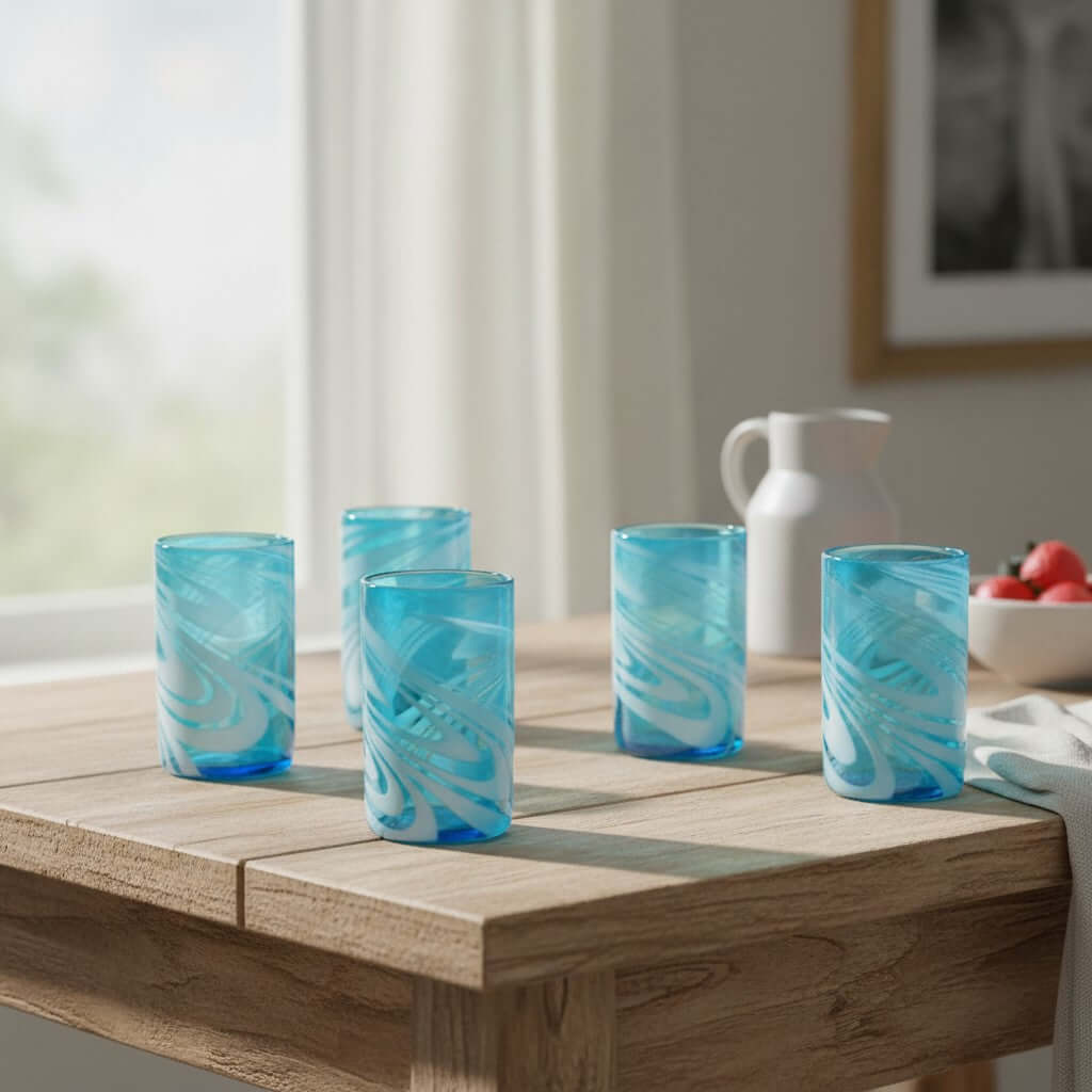 Teal Swirl Handblown Tumbler Glass