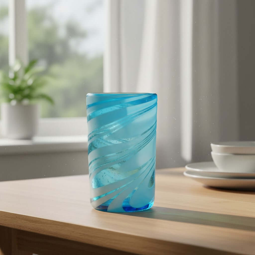 Teal Swirl Handblown Tumbler Glass