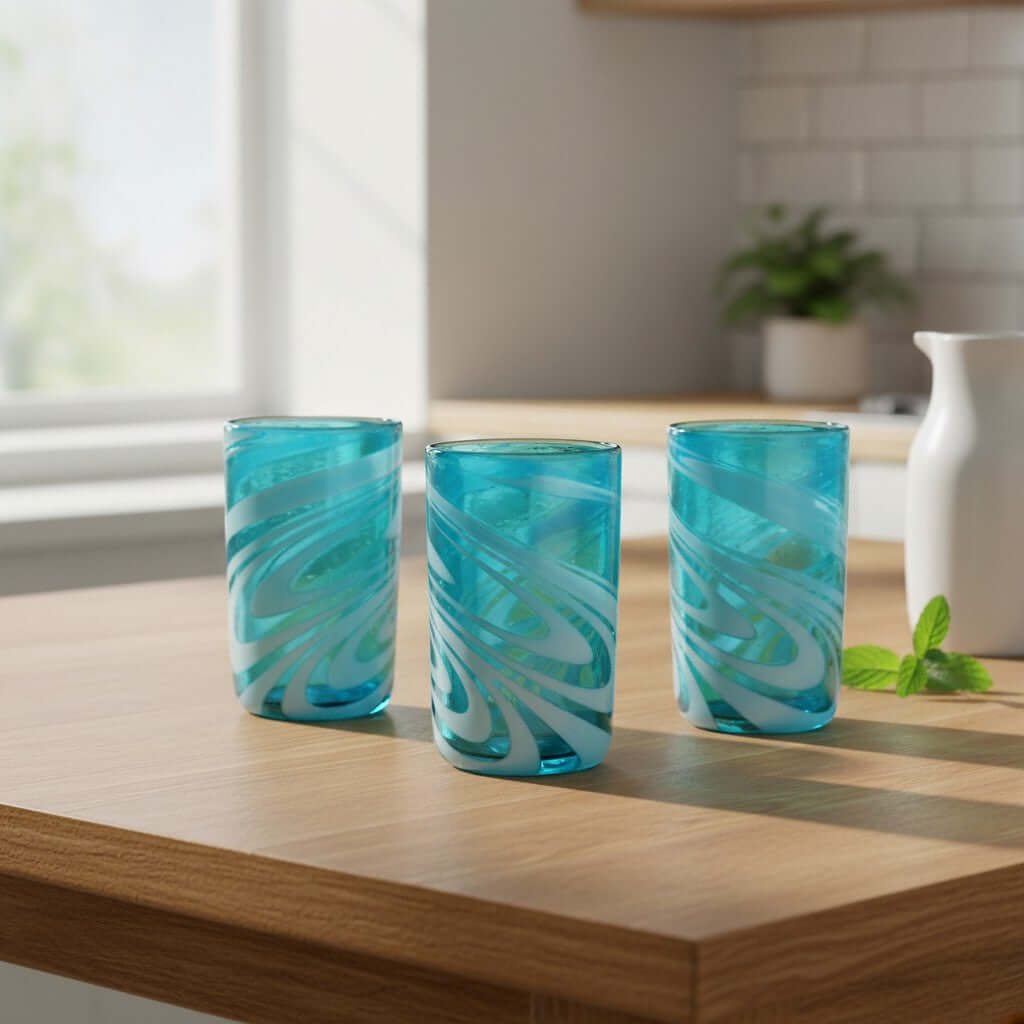 Teal Swirl Handblown Tumbler Glass