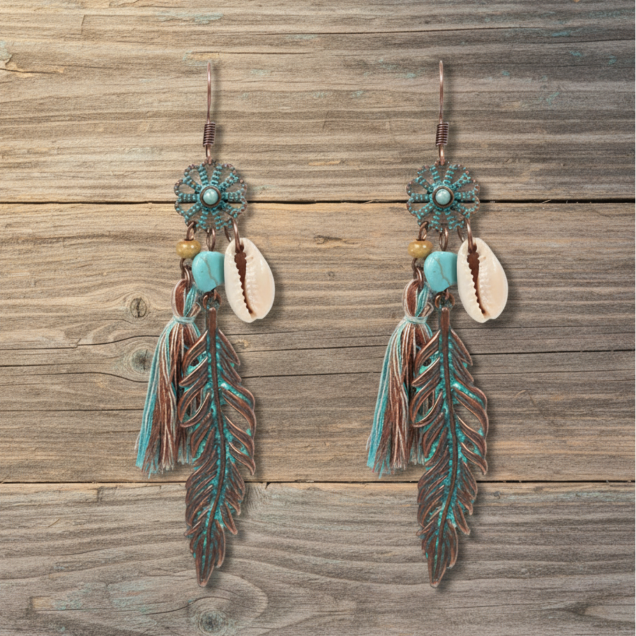 Vintage Sioux Earrings Wood Floor Background