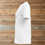 Women's White Colorado Tee Side View on Barn Wood