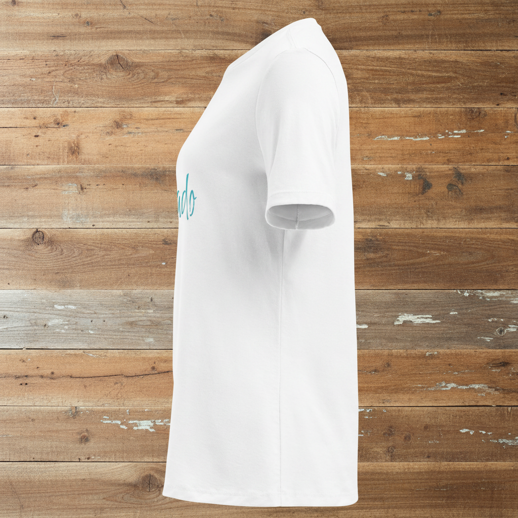 Women's White Colorado Tee Side View on Barn Wood